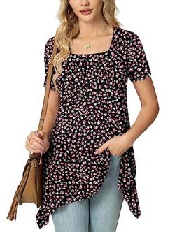 POPYOUNG 2023 Damen Sommer Casual Tunika Tops Kurzarm Damen Arbeit Longline Tunika Bluse Shirts Square Neck Kleid Floaty Büro lange tops zu tragen mit leggings, 24-Fl Schwarz Floral, 48 von POPYOUNG