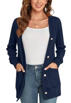 POPYOUNG Cardigans for Women Long Sleeve Open Front Ladies Chunky Knit Cardigan with Buttons Loose Outerwear Sweater Coat Mittel, Navy Blue von POPYOUNG