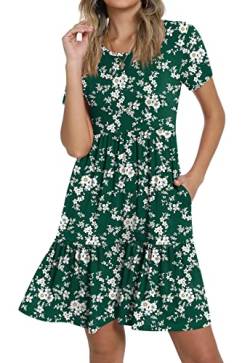 POPYOUNG Damen 2023 Sommer Kurzarm T-Shirt Kleider Casual Rüschen Swing Kleid mit Taschen, Grün mit Blumenmuster, Medium von POPYOUNG