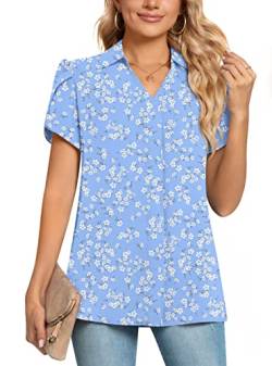 POPYOUNG Damen 2024 Sommer Kragen V-Ausschnitt Chiffon Bluse Business Tunika Blütenblatt Kurzarm Shirt Dressy Arbeit Tops Shirts, 7-hellblaue Blume, 50 von POPYOUNG