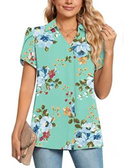 POPYOUNG Damen 2024 Sommer Kragen V-Ausschnitt Chiffon Bluse Business Tunika Blütenblatt Kurzarm Shirt Dressy Arbeit Tops Shirts, 7-minzgrün, 46 von POPYOUNG