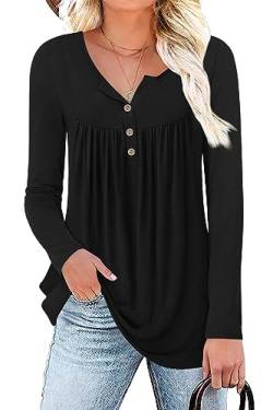 POPYOUNG Damen Henley Shirts Knopfleiste Tunika Tops Casual Kurzarm Ärmellos Bluse T-Shirts, 27 - Schwarz, 48 von POPYOUNG