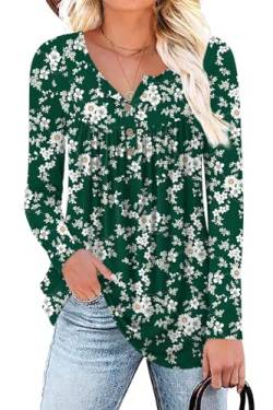 POPYOUNG Henley-Shirts für Damen, Knopfleiste, Tunika, Tops, lässig, kurzärmelig, ärmellos, 27-grün-weiße Blume, 50 von POPYOUNG