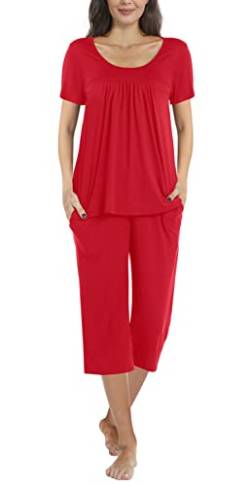 POPYOUNG Zweiteiliges Damen-Pyjama-Set, plissiert, lang/kurze Ärmel, Tunika-Oberteil mit bequemer Hose, Lounge-Nachtwäsche, Damen-Pyjama-Sets mit Taschen, P2-Rot, 42 von POPYOUNG