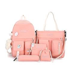 PORRASSO Mädchen Schulrucksack Set 5 - teilig Rucksack Schulranzen Teenager Rucksäcke Umhängetasche Schultertasche für Schule Reise Wandern Camping Rosa von PORRASSO