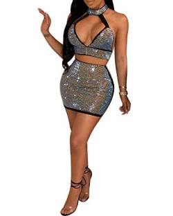 PORRCEY Damen Sexy Strass Ärmellos Nachtclub Kleid Party Clubwear für Frauen, Schwarz 15, Groß von PORRCEY