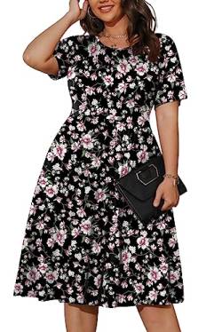 POSESHE Damen-Kleid in Übergröße, Sommer, kurzärmelig, lässig, 2023, Rundhalskleid mit Taschen, Schwarz, Rosa, Blumenmuster, XL von POSESHE