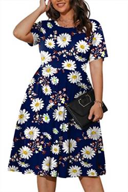 POSESHE Damen-Kleider in Übergröße, Sommer, kurzärmelig, lässiges Rundhalskleid mit Taschen, Blaue Chrysantheme, 2XL von POSESHE