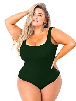 POSESHE Damen Plus Größe Body-Tank-Top Ärmellos Quadratischer Ausschnitt Outfits,Dark Green，1X von POSESHE