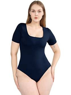 POSESHE Damen-Plus-Size-Bodysuit-Top mit kurzem Ärmel und Body Shaper Outfits,Marineblau,0X von POSESHE