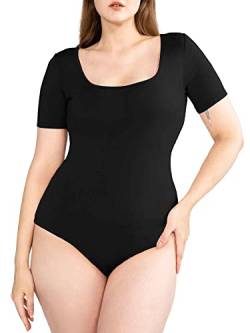 POSESHE Damen-Plus-Size-Bodysuit-Top mit kurzem Ärmel und Body Shaper Outfits,Schwarz,1X von POSESHE
