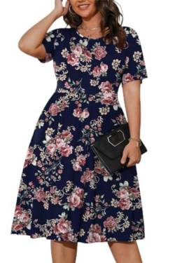 POSESHE Damen Plus Size Kurzarm Lässige Swing-Kleider Sommer Frühling 2023 Kleider mit fließendem Saum,Rose Navy Blue,2XL von POSESHE