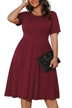 POSESHE Damen-Sommerkleider in Übergröße, lässiges Kurzarm-Burgunderkleid, stilvolles Vintage-Kleid mit Taschen, Weinrot, 2XL von POSESHE