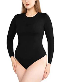 POSESHE Damen Übergröße Bodysuit Top Langarm Body Shaper Outfits,Schwarz,M von POSESHE