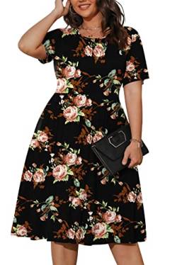 POSESHE Kurzärmliges, fließendes Damenkleid in Übergröße, lässiges Sommerkleid mit Rundhalsausschnitt für Frauen, Arbeit mit Taschen, Rose Black, 4XL von POSESHE