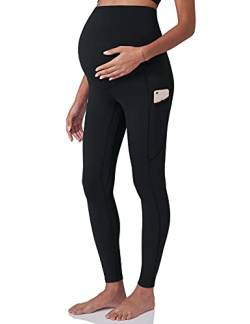 POSHDIVAH Damen-Schwangerschafts-Workout-Leggings über dem Bauch, Schwangerschafts-Yogahose mit Taschen, weiche Activewear-Arbeitshose, Schwarz, M von POSHDIVAH