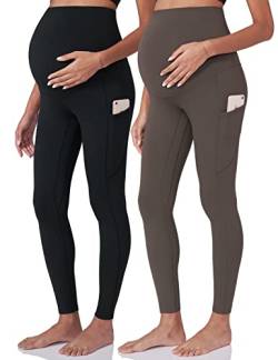 POSHDIVAH Damen Schwangerschaft Workout Leggings über dem Bauch Schwangerschaft Yoga Hose mit Taschen Weiche Activewear Arbeitshose, schwarz braun, M von POSHDIVAH