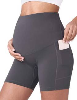 POSHDIVAH Damen Schwangerschafts-Yoga-Shorts über dem Bauch, Workout, aktive kurze Hose, 20,3 cm - Grau - X-Klein von POSHDIVAH