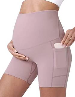 POSHDIVAH Damen Umstands-Yoga-Shorts über dem Bauch, Sommer, Workout, Laufen, aktive kurze Hose mit Taschen, 12,7 cm - Pink - X-Klein von POSHDIVAH
