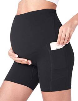 POSHDIVAH Damen Umstands-Yoga-Shorts über dem Bauch, Sommer, Workout, Laufen, aktive kurze Hose mit Taschen, 12,7 cm - Schwarz - Mittel von POSHDIVAH