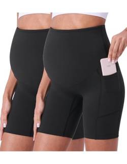 POSHDIVAH Damen Umstandsshorts über dem Bauch Biker Yoga Active Schwangerschaft Workout Kurze Hose mit Taschen 20,3 cm, 2 Stück, schwarz, 20,3 cm, Klein von POSHDIVAH