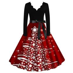 Damen Weihnachten Kleider Langarm Weihnachtskleid Vintage Hepburn Cocktailkleid Weihnachten Druck Partykleid A-Linie Swing Kleid Dress … (L, SchwarzD) von POTTOA