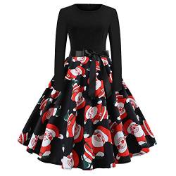 Damen Weihnachten Kleider Langarm Weihnachtskleid Vintage Hepburn Cocktailkleid Weihnachten Druck Partykleid A-Linie Swing Kleid Dress … (S, SchwarzB) von POTTOA