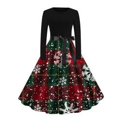 Damen Weihnachten Kleider Langarm Weihnachtskleid Vintage Hepburn Cocktailkleid Weihnachten Druck Partykleid A-Linie Swing Kleid Dress von POTTOA