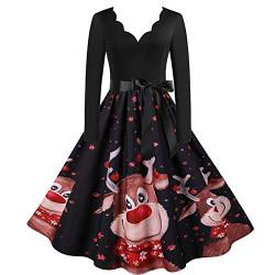 Damen Weihnachten Kleider Langarm Weihnachtskleid Vintage Hepburn Cocktailkleid Weihnachten Druck Partykleid A-Linie Swing Kleid Dress von POTTOA