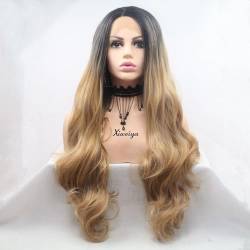 24" Hitzebeständige Synthetische Lace-Front-Perücken Für Frauen, Blondes, Gemischtes Braunes Haar, Lange Gewellte Perücken, Natürliches Cosplay von POWHA