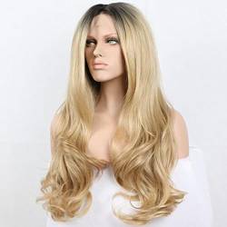 Kurze Dunkle Wurzeln Ombre Blonde Synthetische Lace Front Perücken Für Frauen Lange Welle Hitzebeständige Haarperücken von POWHA