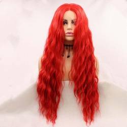Leuchtend Rote Spitzenperücken Für Frauen, Rote Perücken, Perücken, Hitzebeständige Faser, Natürliches Glattes Haar, Perücke, 61 Cm von POWHA