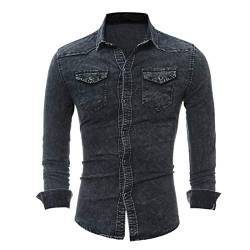 PPPPA Fashion Herren Jeanshemd Ausgewaschen gerippte Arme Dehnbare Men's Denim Blue Black Jean Shirt Band Collar Comfort Fit Front Pockets Herren Langarm Jeans-Hemd Denim Freizeit-Hemd Shirt von PPPPA