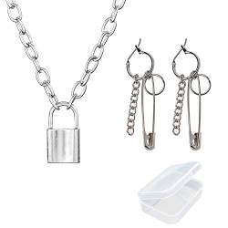 PPX 1Pair Safety Pin Shape Geometry Long Chain Tassel BTS Irregular Earring und Choker Halskette Lock Anhänger für Frauen Männer Punk Gothic Halsketten mit Aufbewahrungsbox von PPX