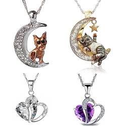 PPX 4 Stück Mond Katze Halskette für Frauen, Hundehalsband Zirkonia mit Herz Halskette Halbmond und Stern Anhänger Charme Katze Schmuck Geschenke für Frauen von PPX