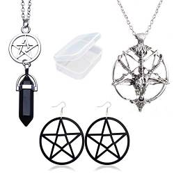 PPX Fünfzackigen Stern Halskette Hexagon Stein Halskette Inverted Pentacle Ziegenkopf Anhänger Halskette und Super Big Circle Stern Ohrringe für Frauen Kristall Anhänger Halskette Schmuck von PPX