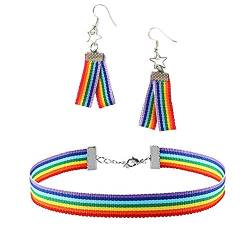 PPX Rainbow Choker Halskette und Ohrringe Set Modische Persönlichkeit Geschenk Frühjahr Sommer geeignet für alle Arten von Frauen Zubehör Hand gestrickte Halskette Zubehör- Pride Lesbian LGBT von PPX