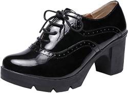 PPXID Damen Pumps Plateau Blockabsatz Schnürhalbschuhe Klassiker Oxfords,Schwarz,38 EU von PPXID