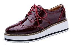 PPXID Schnürhalbschuhe Damen Oxford Brogues Halbschuhe Sneaker mit Keilabsatz,Herstellergröße 39,Weinrot,38 EU von PPXID