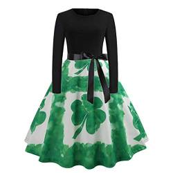 PPangUDing St. Patricks Day irischer grün kleeblatt Kleid Damen Retro Rundhals Langarm Kleeblatt Druck Patchwork Partykleid Cocktailkleid Abendkleider Minirock für Karneval Festlich Party von PPangUDing