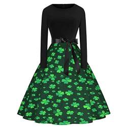 PPangUDing St. Patricks Day irischer grün kleeblatt Kleid Damen Retro Rundhals Langarm Kleeblatt Druck Patchwork Partykleid Cocktailkleid Abendkleider Minirock für Karneval Festlich Party von PPangUDing