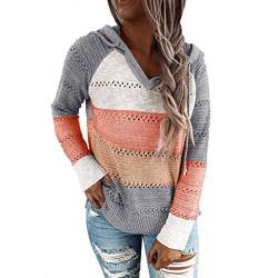 PPangUDing Strickpullover Damen Elegant V-Ausschnitt Farbblock Patchwork mit Kapuze Sweatshirt Herbst Oberteile Tops Strickpulli Pullover von PPangUDing