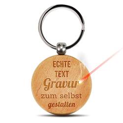 PR Print Royal Gravierter Schlüsselanhänger gestalten mit Wunschtext oder Spruch - Runder Anhänger mit Holzstück graviert mit Namen | 45x45 mm, mit Lasergravur personalisiertes Geschenk von PR Print Royal