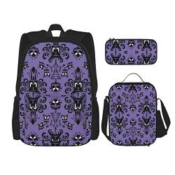 PRAHUCE Horror-Muster auf violettem Hintergrund, bedrucktes Federmäppchen-Set, für Jungen und Mädchen, Rucksack mit Lunchbox und Federmäppchen von PRAHUCE