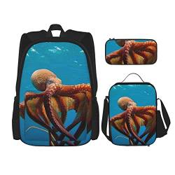 PRAHUCE Octopus Bedrucktes Federmäppchen-Set für Jungen und Mädchen, Rucksack mit Lunchbox und Federmäppchen von PRAHUCE