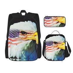 PRAHUCE Patriotischer Adler bedrucktes Federmäppchen-Set für Jungen und Mädchen, Rucksack, mit Lunchbox und Federmäppchen von PRAHUCE