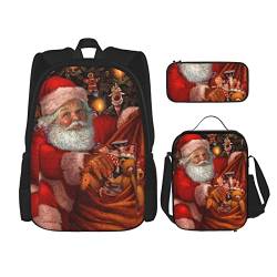 PRAHUCE Weihnachtsmann-Geschenktasche, bedrucktes Federmäppchen, 3er-Set, für Jungen und Mädchen, Rucksack mit Lunchbox und Federmäppchen von PRAHUCE