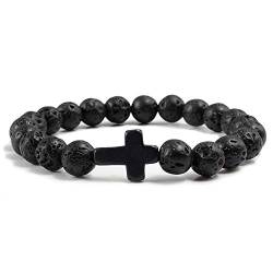 Armbänder,Charm Naturstein Armband Kreuz Black Lava Matte Perlen Armbänder Handmade Männer Frauen Gebet Fitness Kette Paar Schmuck Geschenk, Black Lava von PRAK