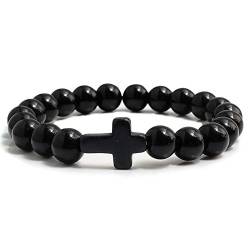 Armbänder,Charm Naturstein Armband Kreuz Schwarz Lava Matte Perlen Armbänder Handmade Männer Frauen Gebet Fitness Kette Paar Schmuck Geschenk, Bright Black von PRAK