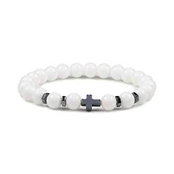 Armbänder,Hot Men Natural Lava Stein Perle Obsidian Armbänder Kreuz Rosenkranz Meditation Gebet Jesus Türkis Armband Frauen Yoga Schmuck, Weiß, Verstellbar von PRAK